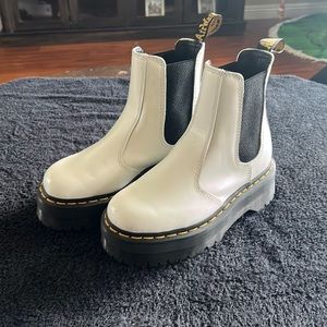Dr. Martens 2976 Quad Platform Womans White Chelsea Boots Yellow Stitch